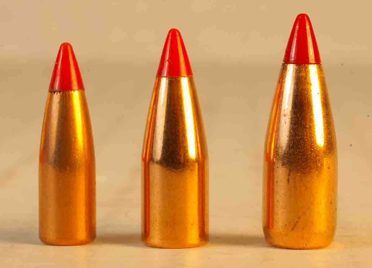 The .17-caliber, 20-grain V-MAX (left) is not that much smaller than the .20-caliber, 32-grain V-MAX (center) and Hornady’s .22-caliber, 40-grain V-MAX (right).